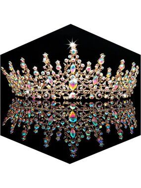 Women's AB Gold Crystal Queen Crown Tiara Wedding Prom Princess Headpiece